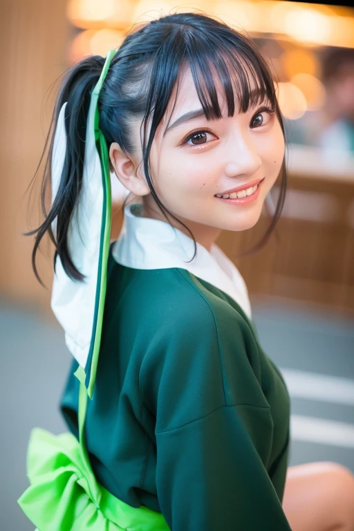 1girl,(wearing a green japanese school uniform),(twintail hairstyle with green highlights),(RAW photo, best quality), (realistic, photo-realistic:1.4), masterpiece, an extremely delicate and beautiful, extremely detailed, 2k wallpaper, Amazing, finely detail, extremely detailed CG unity 8k wallpaper, ultra-detailed, highres, soft light, beautiful detailed girl, extremely detailed eyes and face, beautiful detailed nose, beautiful detailed eyes,cinematic lighting,city lights at night,smiling