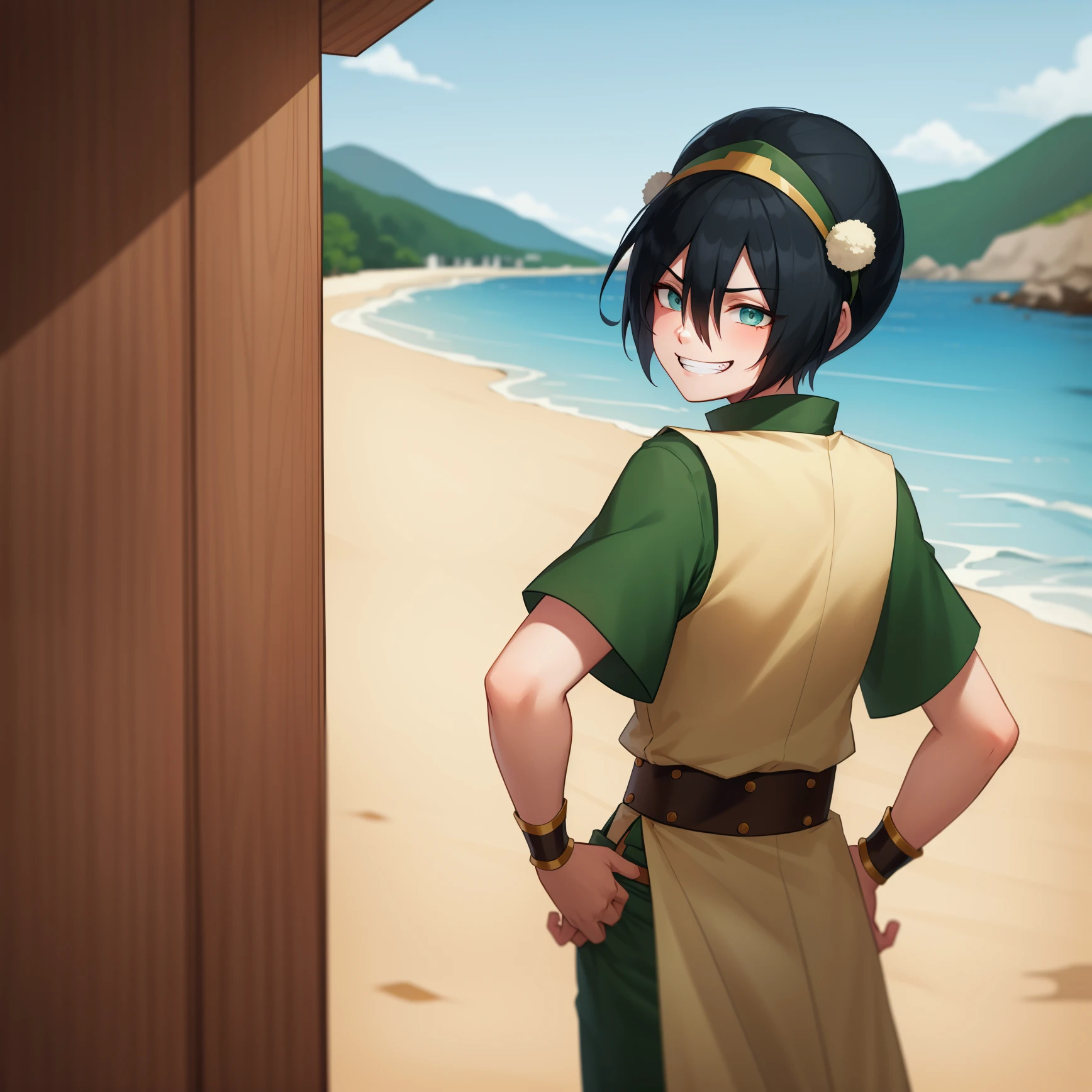 <lora:Toph:1>,
anime coloring, beach,blue sky,nature,
1girl,solo,black hair,hairband, short hair,hair between eyes,( blind:1.0),green eyes,tunic,green shirt, sash,capri pants, short sleeves, standing,cowboy shot, (pelvic curtain:1.1),grin,hands on hips, from behind,