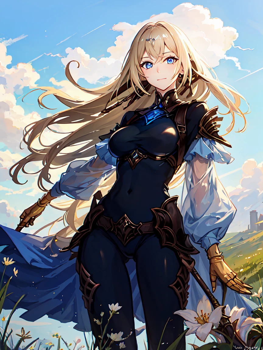 masterpiece,best quality,1girl,<lora:ShadowverseTetra_v1:0.75>,blonde hair,glowing blue eyes,close-up,serious,shiny,sunshine,grass,flowers,holding weapon,adjusting hair,from below,looking at viewer,clouds,blue sky