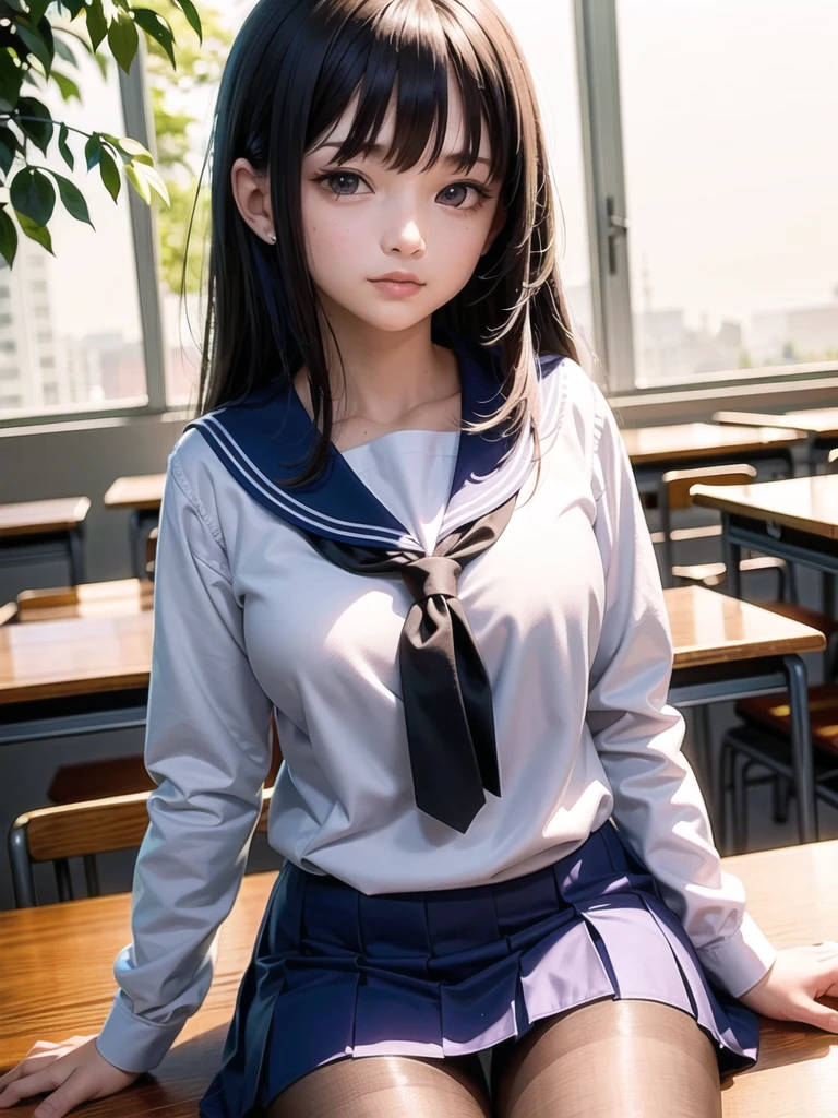 masterpiece, best quality, ultra-detailed, illustration, colorful, falt color, depth of field, lens flare, 1girl, anime, sitting, black hair, looking at viewer,school, classroom, pleated miniskirt , school uniform, serafuku, black pantyhose, detailed skin texture, detailed cloth texture, beautiful detailed face