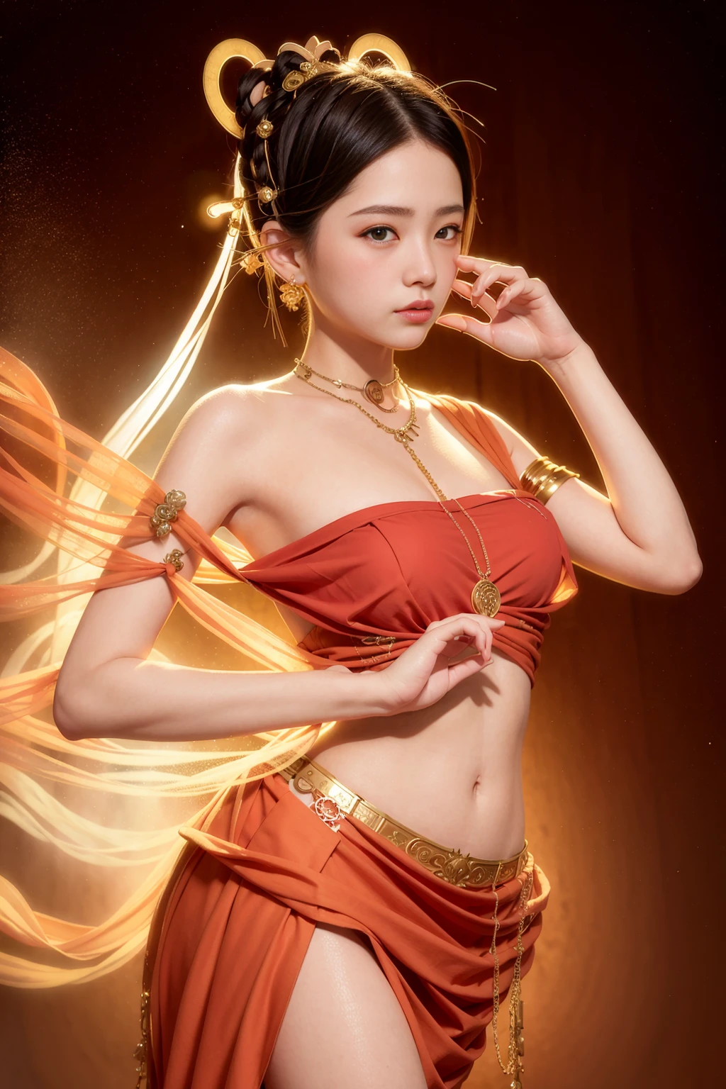 masterpiece Thai princess in gold, sunset fire by Gustavo Klimt, official art, unified 8k wallpaper, Super detailed, fair Beauty, ((small breast)), Thai princess, masterpiece, best quality, (Zentangle, mandala, Tangled, twist), (ecstasy flower: 1.2) Dynamic angle, Thai royal dress, happy smiles, The Most fair Chaotic Forms, grace, brutalist design, bright colors, atmosphere, Golden sunset, sun god, feather, fire, by Gustav Klimt
