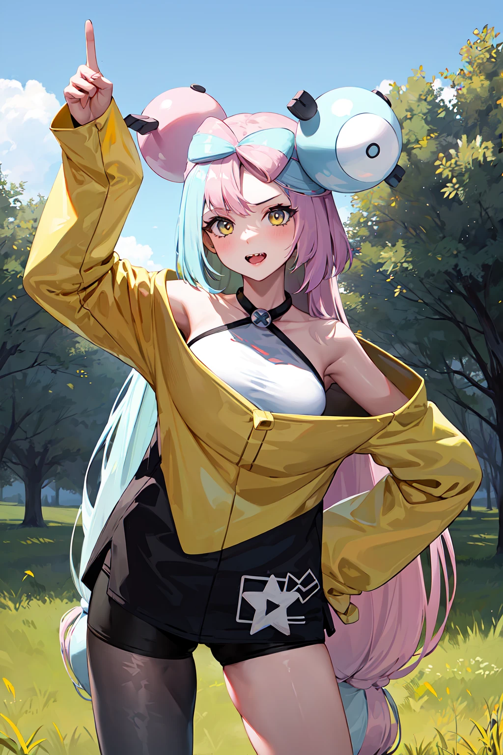 masterpiece, best quality, highres, iono1, 1girl, long hair, <lora:iono_v1-000006:0.9>, yellow jacket, off shoulder, hair ornament, cowboy shot, pointing, field, grass, hand on hip,