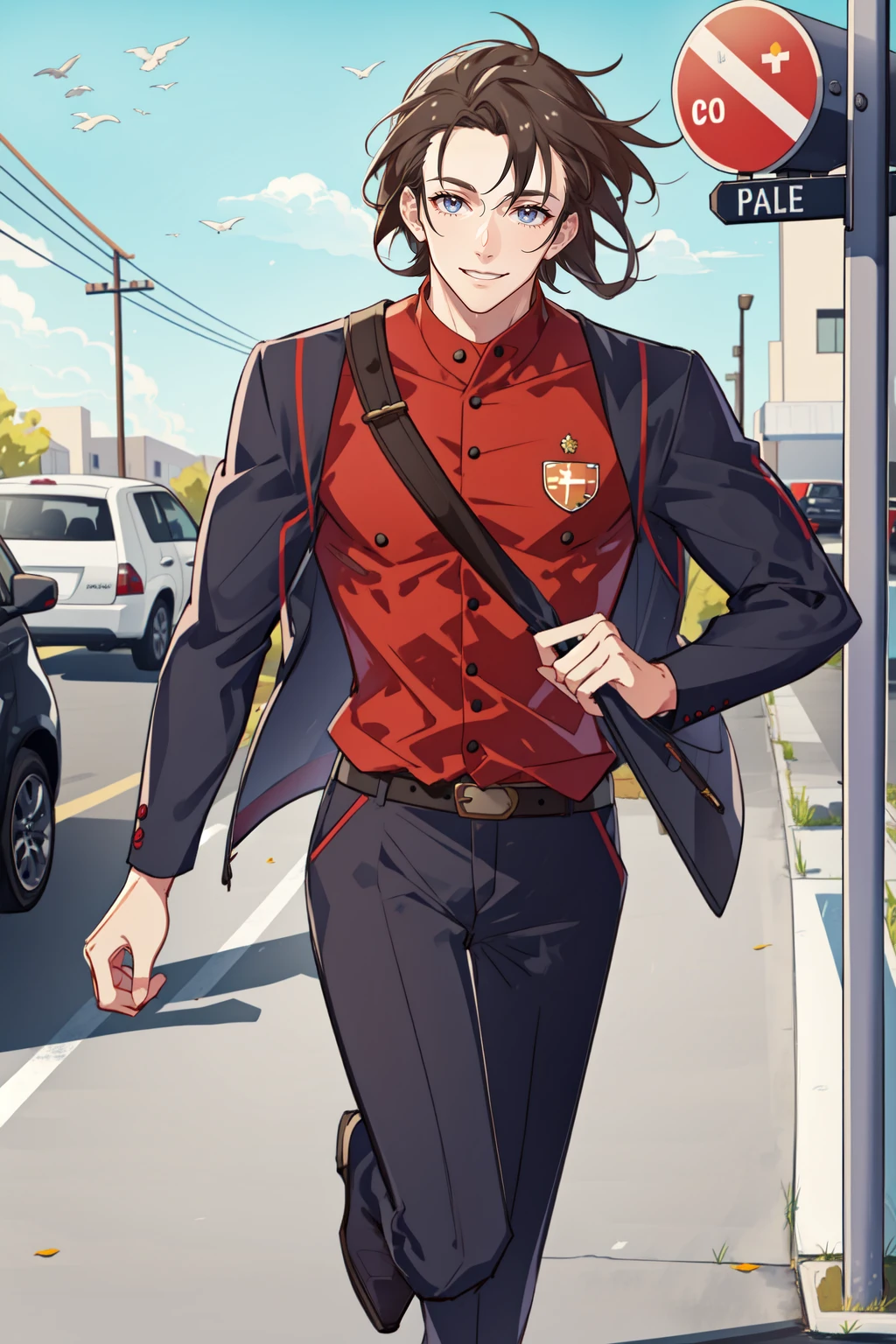 masterpiece, best quality, 1 male, adult, tall muscular, handsome, forehead, postman, red mailbox, a man is running to tell the good news, smile