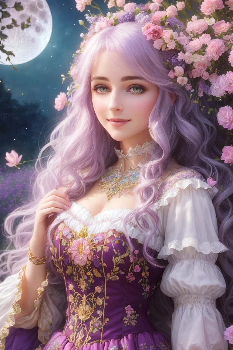 A fantastical scene, beautifully detailed bust shot of a woman with colorful finely-detailed eyes and a flowing, intricate skirt, surrounded by a floral meadow, a sky filled with pink and purple hues, a flying petal, the light of the moon, a soft glow, smiles, white hair flowing, depth to the composition, delicate and detailed, magical and enchanting atmosphere