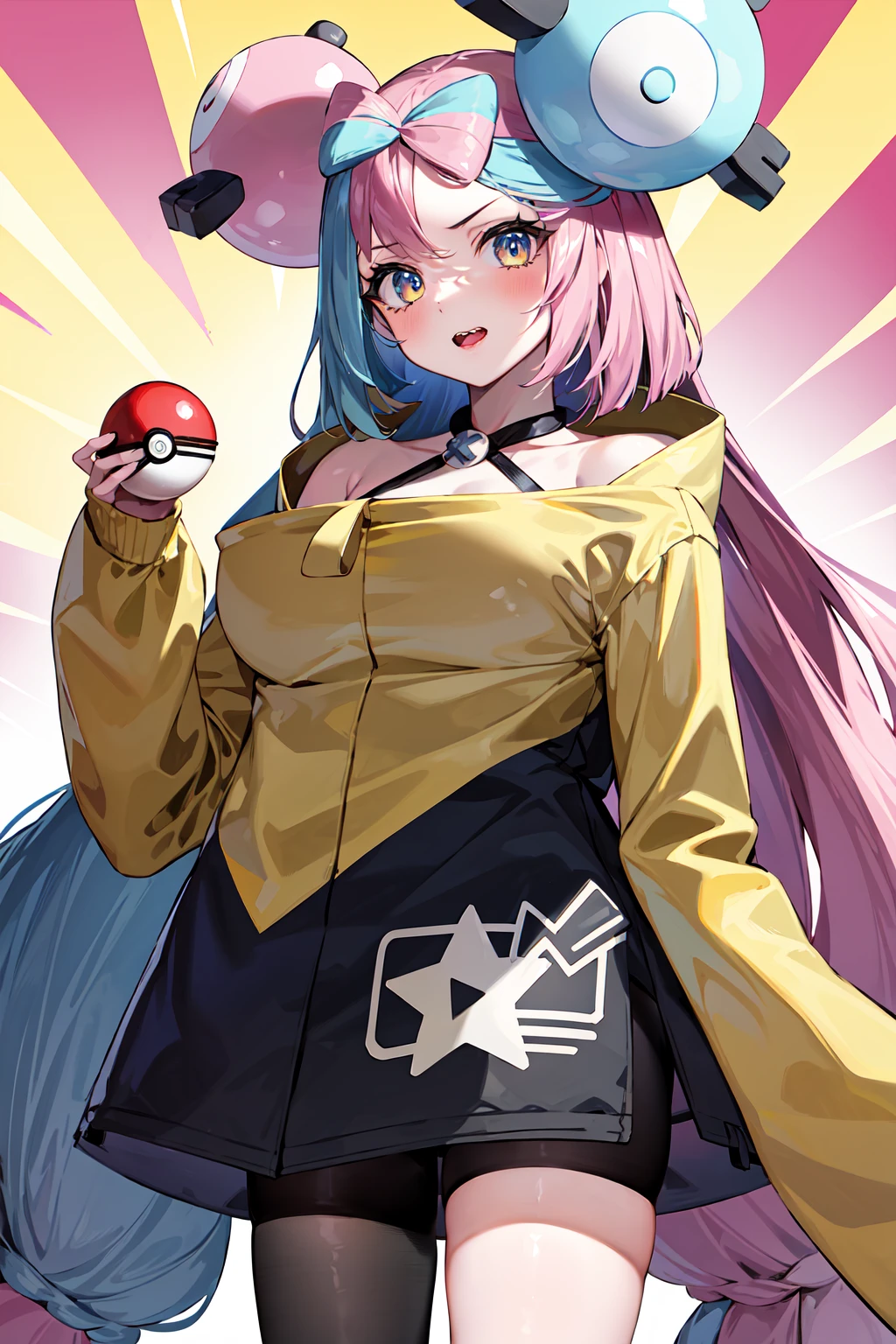 masterpiece, best quality, highres, iono1, 1girl, long hair, <lora:iono_v1-000006:0.9>, hair ornament, cowboy shot, (holding poke_ball), poke ball \(basic\),