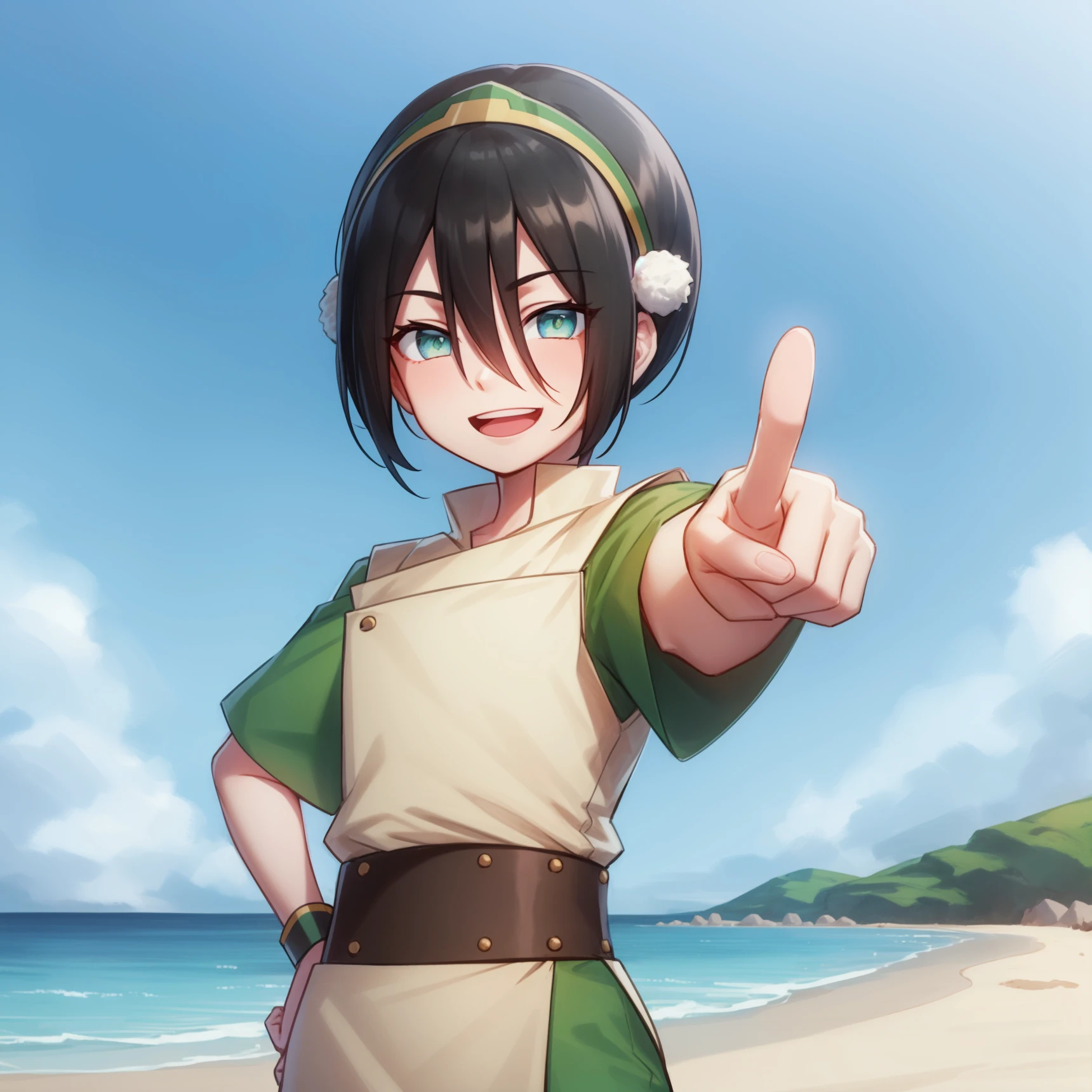 <lora:Toph:1>,
anime coloring, beach,blue sky,nature,
1girl,solo,black hair,hairband, short hair,hair between eyes,( blind:1.2),green eyes,tunic,green shirt, sash,(capri pants:1.1), short sleeves, standing, hand on hip, facing viewer,( upper body:1.1), smile,open mouth, ( pointing at viewer:1.0,