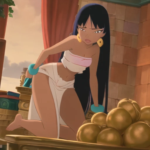 (masterpiece:1.3), (best quality:1.3), <lora:Chel-10:1>, 1girl, barefoot, (thin waist), (black_hair), dark-skinned_female, dark_skin, earrings, jewelry, long_hair, solo, ( pose), The (angle:1.4), (composition:1.2), and (visual elements:1.2) are (carefully crafted:1.2) to create a (cinematic:1.2) look and feel, with (attention to detail:1.2) and (artistic:1.2) flair that (emulate:1.2) the (visual storytelling:1.2) of a (movie:1.2). The lighting is (soft and warm:1.3), creating a (cozy ambiance:1.4) that draws the viewers in. The attention to detail in this artwork is unparalleled, with every brushstroke and color choice carefully selected to create a ( yet devious:1.3) feel. This prompt is a true masterpiece, capturing the essence of a moment in the anime universe, transporting the viewers to the scene with its (immersive depiction:1.6) and (timeless beauty:1.4).