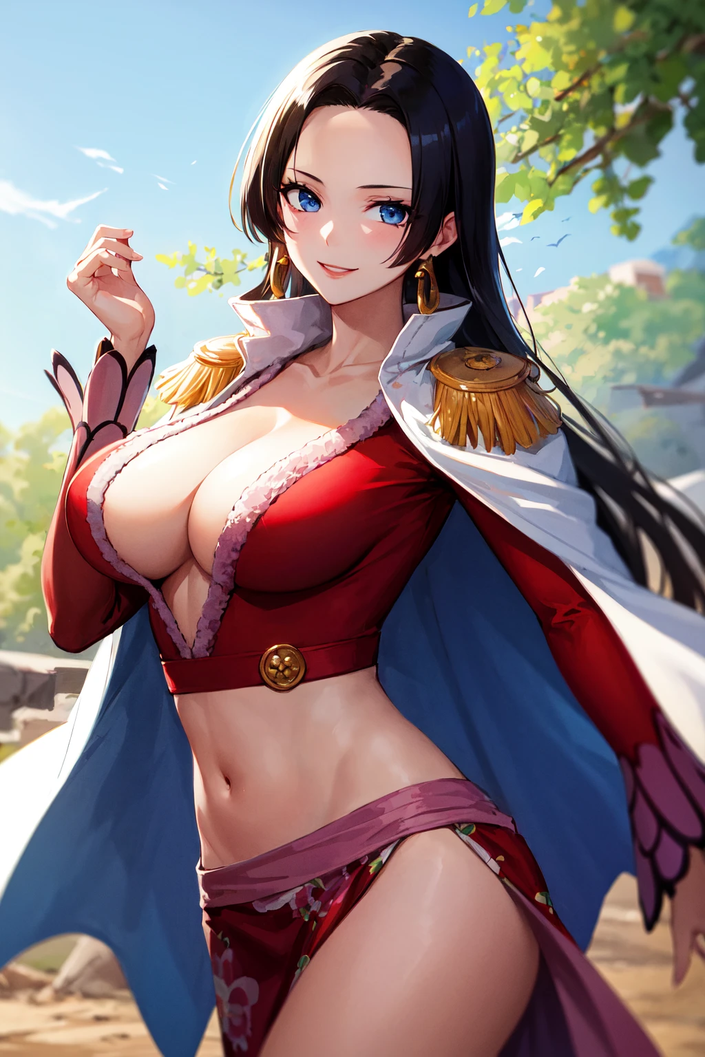 masterpiece, best quality, highres, hancock1, 1girl, boa hancock, large breasts, long hair, epaulettes, cape, crop top, side slit, <lora:boa_hancock_v1:0.9>, cowboy shot, stading, outdoors, smile,