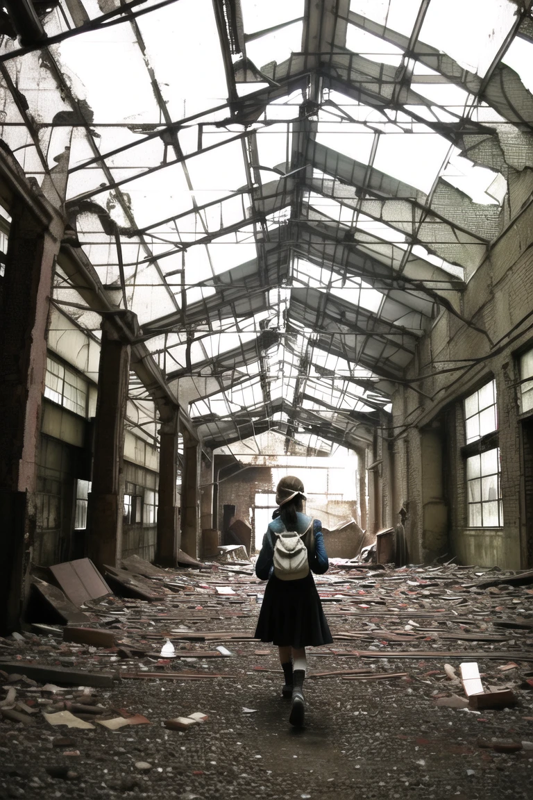 a girl walking through factory ruins, indoors,train station,spotlightes,photorealistic, realistic, dark, horror, frightening,  <lora:factoryRuins_v11b:0.7>