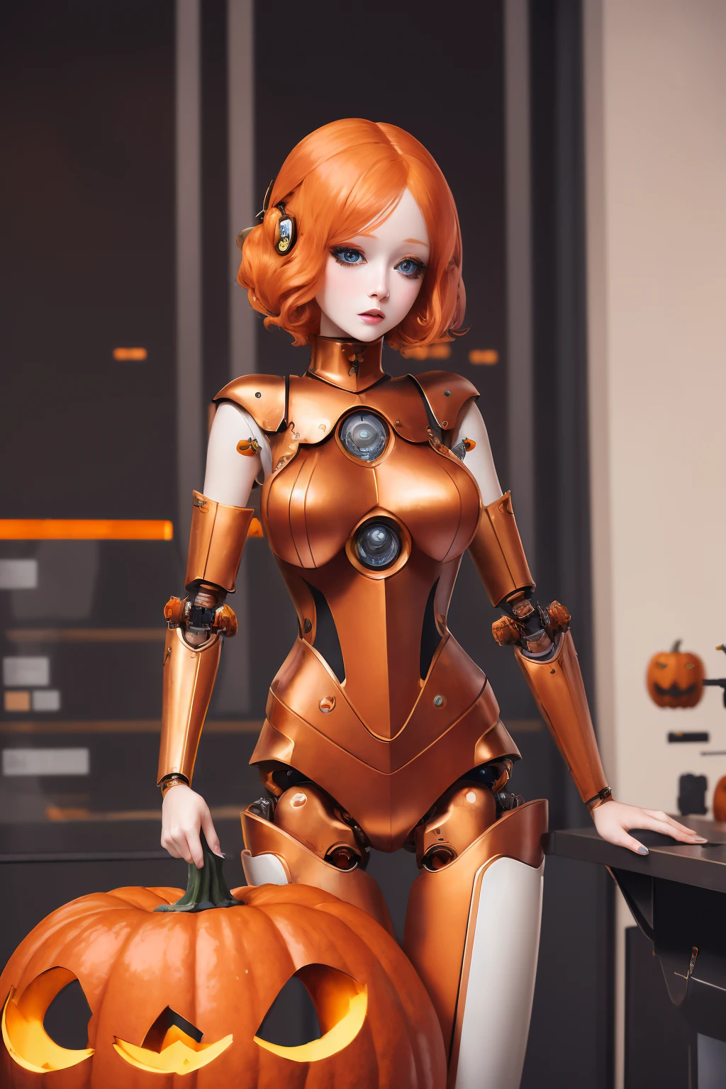 (masterpiece), (best_quality), (ultra-detailed), (illustration), (welcoming), 1girl, (pumpkin spirit inquisitor:1.3), (in a  robotics laboratory:1.3), full body, thigh gap, bright copper hair, medium hair, , pose, [:formal costume design:0.2], , albino, official art, vivid color, finely detailed, hyper detailed, 8k, high resolution illustration, absurdres, intricate detail<lora:GoodHands-000032:1>