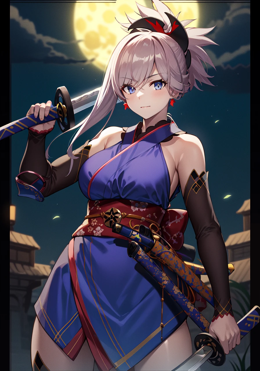 masterpiece, best quality, high resolution,
Saber1, Default Kimono, 1girl, solo, weapon, sword, katana, holding, dual wielding, sheath, looking at viewer, breasts, holding weapon, moon, holding sword, night, large breasts, full moon, border, long hair, unsheathed, cowboy shot, night sky, sky
<lora:FGOMusashi:0.8>