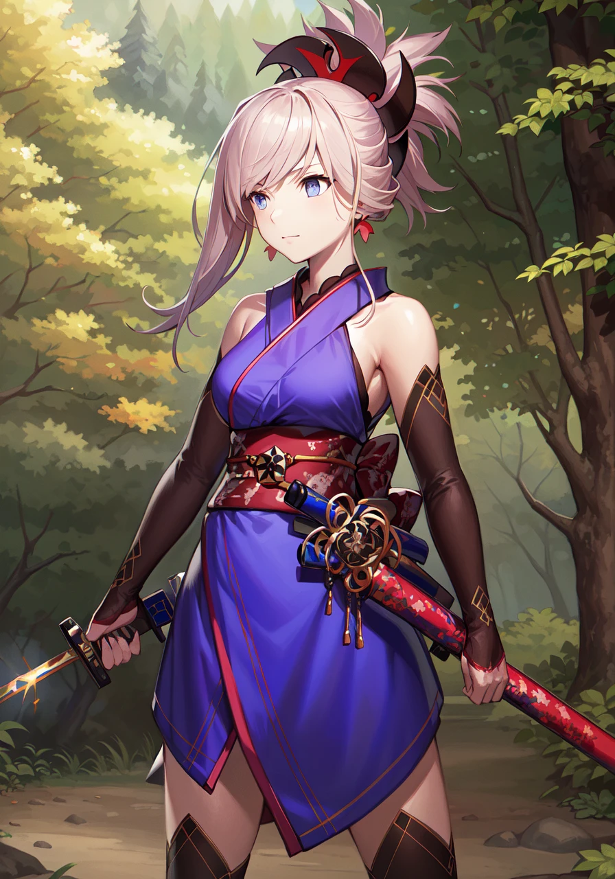 masterpiece, best quality, high resolution,
detached sleeves,Saber1, Default Kimono,  over shoulder, weapon over shoulder, 1girl, solo,  leaf, maple, standing, forest, sheath, 
<lora:FGOMusashi:0.8>