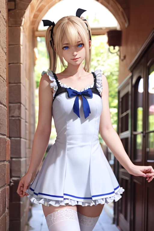 <lora:doa_marie_rose:0.8> marie rose, white dress, blue ribbons, white thighhighs, ornate, frills, stone hallway