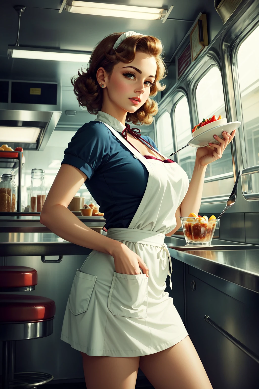 best quality, intricate details,
retro 1950's style,  1girl, woman, diner, apron, <lora:retrofuturismai_v10:0.8> RetroFuturismAI,