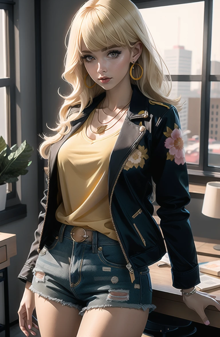 anime girl, 1girl, cute, bangs, blonde_hair, cowboy_shot, earrings, floral_print, jacket, jewelry, looking_at_viewer, necklace, shirt, Long_hair, shorts, solo, yellow_jacket, yellow_shirt, detail eyes, fantasy model, realistic, sharp details, intricate details, ultra-realistic,digitally enhanced,3d reference , 8k resolution, unapologetic grit, overexposure,sharp focus , UHD, 8K <lora:a_fantasy_color_LORA:0.5>