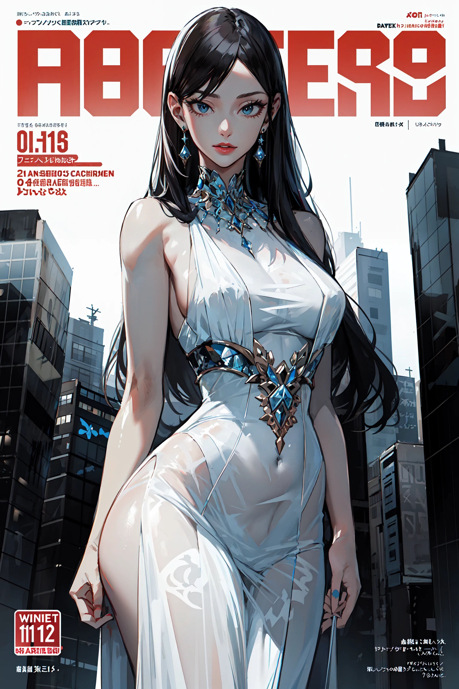 (masterpiece:1.2, best quality), ultra detailed, Ultra-precise depiction, Ultra-detailed depiction, [buildings|Art Deco background:1.3], 1lady, wide hips, (from front:1.2), (shiny skin), (maxi dress:1.2), long hair, magazine cover