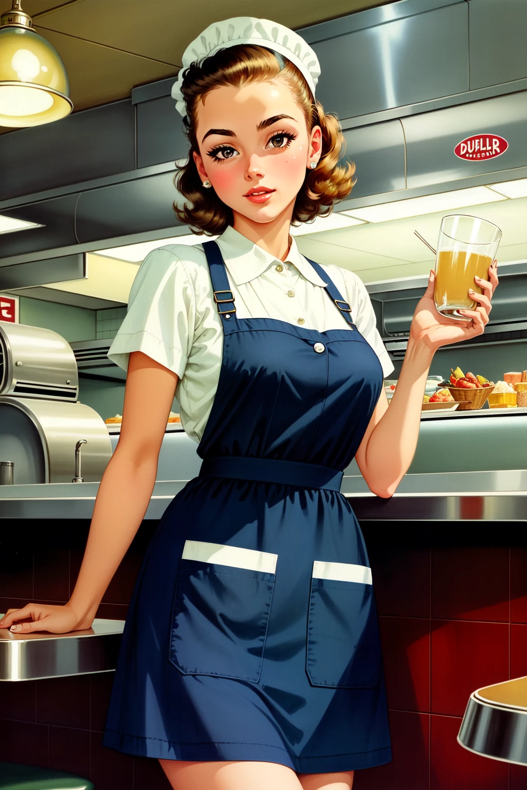 best quality, intricate details,
 <lora:adAmericana_v10:0.8> Ad Americana Style,  vintage painted advertisement, retro 1950's style,  1girl, woman, diner, apron,