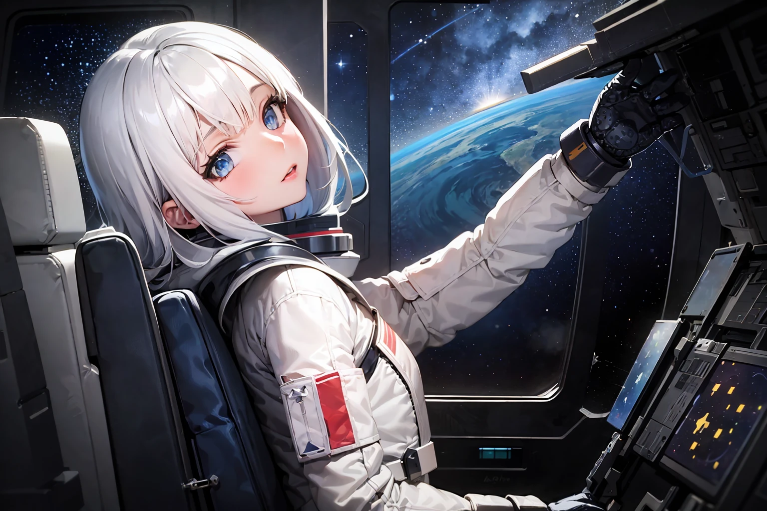 (best quality:1.1), (masterpiece:1.3), (absurdres:1.0), (hyper-detailed:1.2), from side,
1girl, solo, head tilt, (astronaut:1.1), (Space Suit:1.2), Spacecraft, spacecraft interior, white hair, blue eyes, looking at looking at viewer,
Window, (Starry SKy:1.3), Earth, Universe,