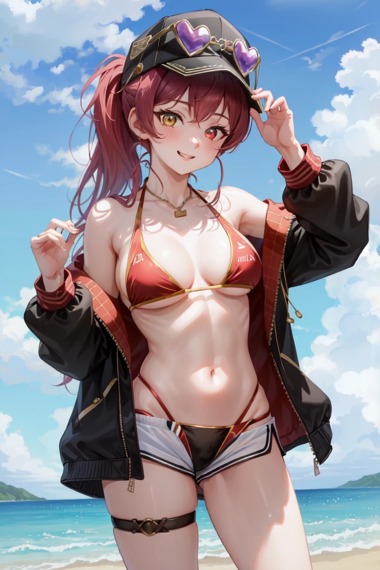 masterpiece, best quality, absurdres, perfect antomy, houshouBikini, 1girl, solo, heterochromia, red eyes, yellow eyes, ponytail, long hair, jewelry, baseball cap, sunglasses, eyewear on headwear, black jacket, open jacket, white shorts, short shorts, red bikini, string bikini, o-ring thigh strap, standing, smile