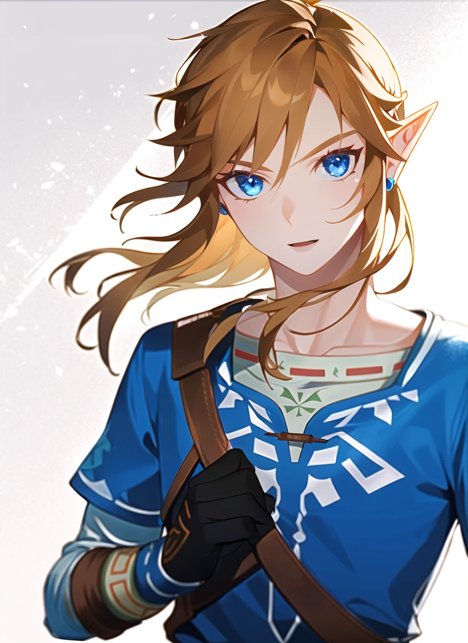 link, the legend of zelda, the legend of zelda: breath of the wild, 1boy, blue eyes, blue tunic, hood, hood up, leaf, light brown hair, looking at viewer, male focus, nature, open mouth, pointy ears, solo, water drop, ((masterpiece)) <lora:link_offset:1>