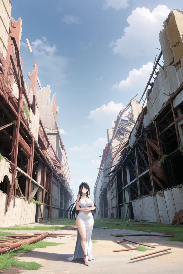 (masterpiece:1.2),best quality,illustration,beautiful detailed girl,
(looking at viewer),
(full body,standing:1.0),(very wide shot:1.3),
medium breasts,long hair, black hair,white long sundress,
(factory ruins:1.1),day,outdoors,steel,rubble,
<lora:factoryRuins_v11a:0.4>