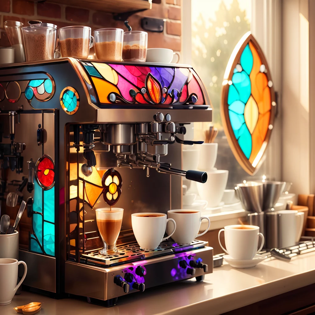 <lora:StainedGlassAI-000006:.9>, StainedGlassAI coffee machine