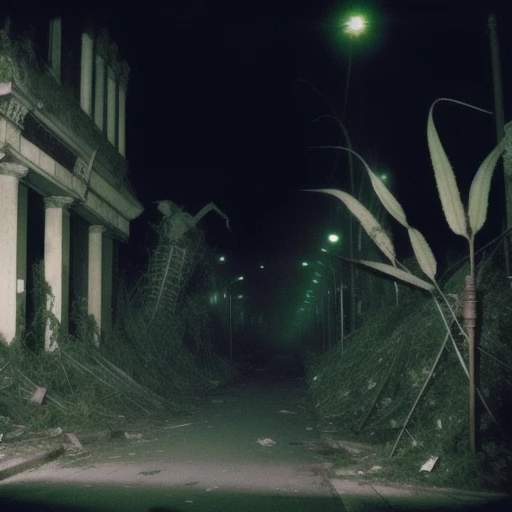 Plants overtaking an abandoned city, destruction, end of the world, horrific creatures dwell in the dark streets, disposable camera, realistic, gloomy
