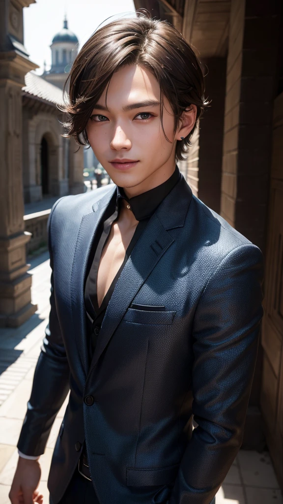 absurdres, 1boy, star eye, (realistic:1.5), (blue eyes:0.7), (short hair:1), (masterpiece, Extremely detailed CG unity 8k wallpaper, best quality, highres:1.2), (ultra_detailed, UHD:1.2), (pixiv:1.3), perfect illumination, distinct, (1boy:1.6), looking at viewer, unreal engine, sidelighting, perfect face, detailed face, perfect body, beautiful eyes, pretty face, (bright skin:1.4), idol, ruins, dark place, night, dark aura, (evil smile:1.1), (((man)))