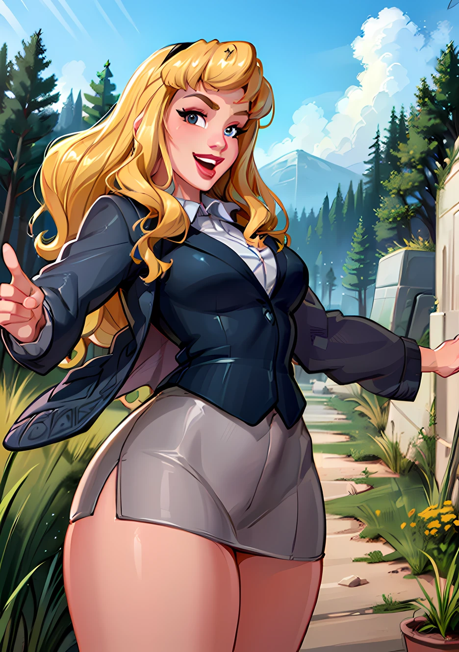(AuroraWaifu:1), smile, cute, cute pose, looking at viewer, thick thighs, :D, (purple eyes), (mini skirt, jacket, shirt:1.2), curvy, from below,
(realistic:1.2), (realism), (masterpiece:1.2), (best quality), (ultra detailed), (8k, 4k, intricate),(full-body-shot:1),(Cowboy-shot:1.2), (85mm),light particles, lighting, (highly detailed:1.2),(detailed face:1.2), (gradients), sfw, colorful,(detailed eyes:1.2),
(detailed ladscape, big city, magic, forest:1.2),(detailed background),detailed landscape, (dynamic angle:1.2), (dynamic pose:1.2), (rule of third_composition:1.3), (Line of action:1.2), wide shot, daylight, solo,
<lora:Aurora_character-20Re:0.6> <lora:reiqStyleLORA_v2:0.6>