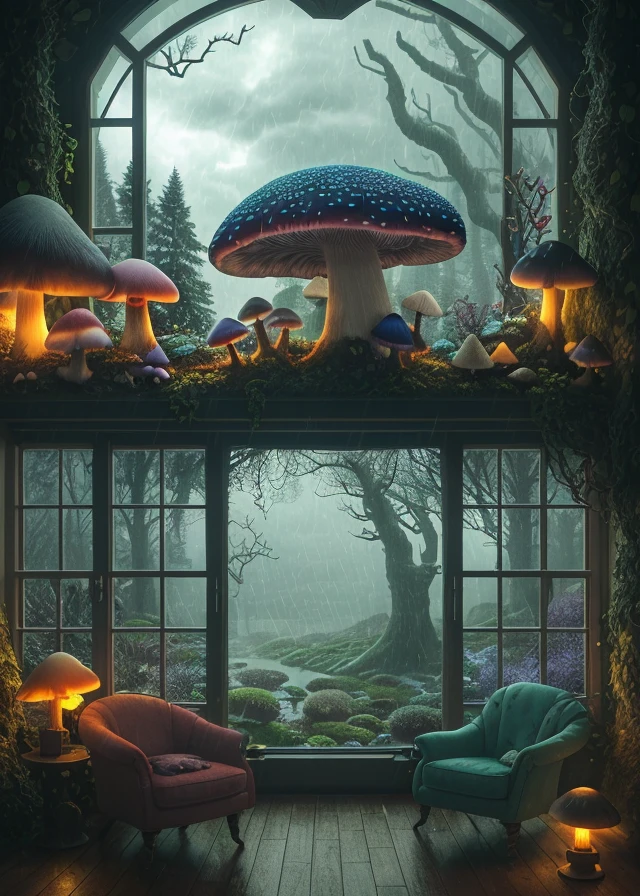 A dreamlike illustration featuring a cozy interior scene, drawn by Adrian Smith, with rain and storm clouds visible outside a window. The scene includes magical forests filled with colorful mushrooms and creatures, and audio waves can be heard in the background. The image is rendered in a warm, colorful style with a focus on contrast and texture