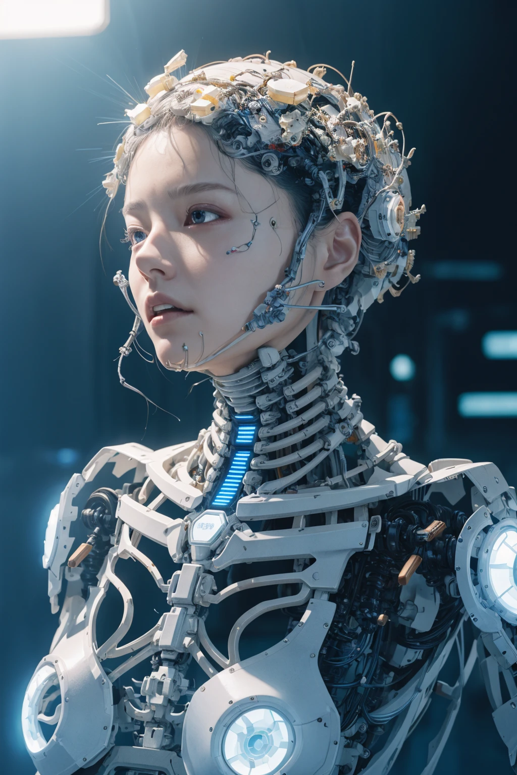 (((masterpiece))), (((best quality))), ((ultra-detailed)), (highly detailed CG illustration), ((an extremely delicate and beautiful)), A mechanical girl, revealing a delicate face and lips, full body, white mecha skeletons, mechanical joints, mechanical limbs, flesh and blood torso, large breasts, behind it seems to have a sun, and the bones have golden patterns