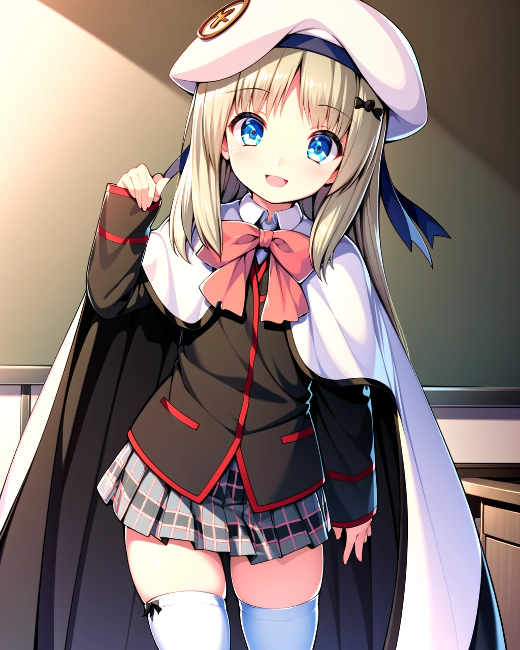 ((masterpiece)), ((best quality)), ((highres)), ((detailed background)), ((extremely detailed CG unity 8k wallpaper)), solo, classroom, <lora:noumi kudryavka-000008:1>, noumi kudryavka, black and red uniform with pink bow, pleated grey plaid skirt, white kud cape, white kud beret, white stockings, smile, fang,