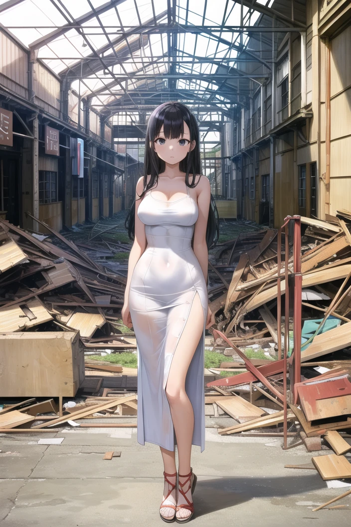 (masterpiece:1.2),best quality,illustration,beautiful detailed girl,
(looking at viewer),
(full body,standing:1.0),(very wide shot:1.3),
medium breasts,long hair, black hair,white long sundress,
(factory ruins:1.1),day,indoors,(train station:1.0),rubble,
 <lora:factoryRuins_v11a:0.5>