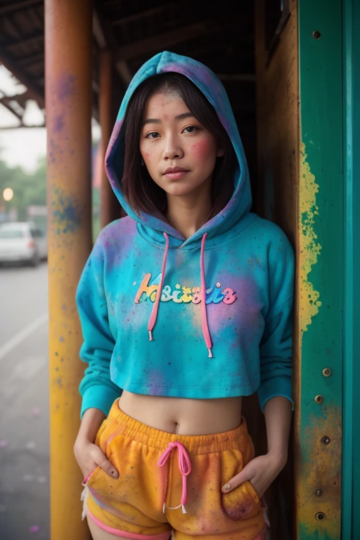 (close-up editorial photo of 20 yo woman, wearing hoodie, looking at viewer, holi color festival, binding shorts) (standing:1.2) (dim lit room:1.4) <lora:epiNoiseoffset_v2:1.2> <lora:bindingShorts_v1:0.3>, POV, by lee jeffries, nikon d850, film stock photograph ,4 kodak portra 400 ,camera f1.6 lens ,rich colors ,hyper realistic ,lifelike texture, dramatic lighting , cinestill 800,