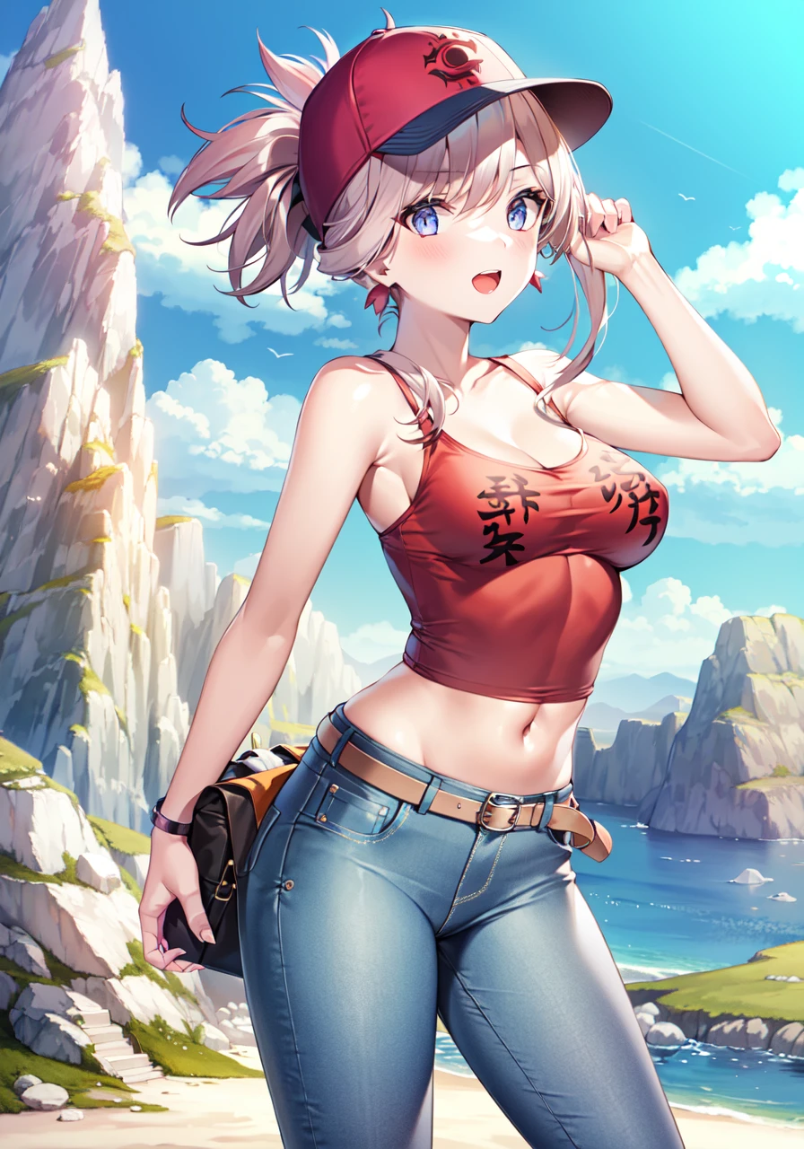 masterpiece, best quality, high resolution,
TravelingOutfit, HikingClothin, 1girl, solo,  bare arms, jean, 
<lora:FGOMusashi:0.8>