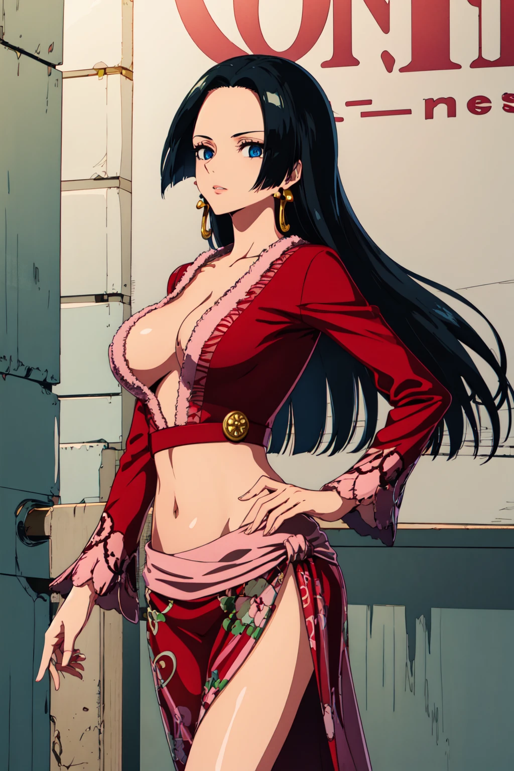 masterpiece, best quality, highres, hancock1, 1girl, boa hancock, large breasts, long hair, crop top, side slit, long sleeves, <lora:boa_hancock_v1:0.9>, cowboy shot, standing,