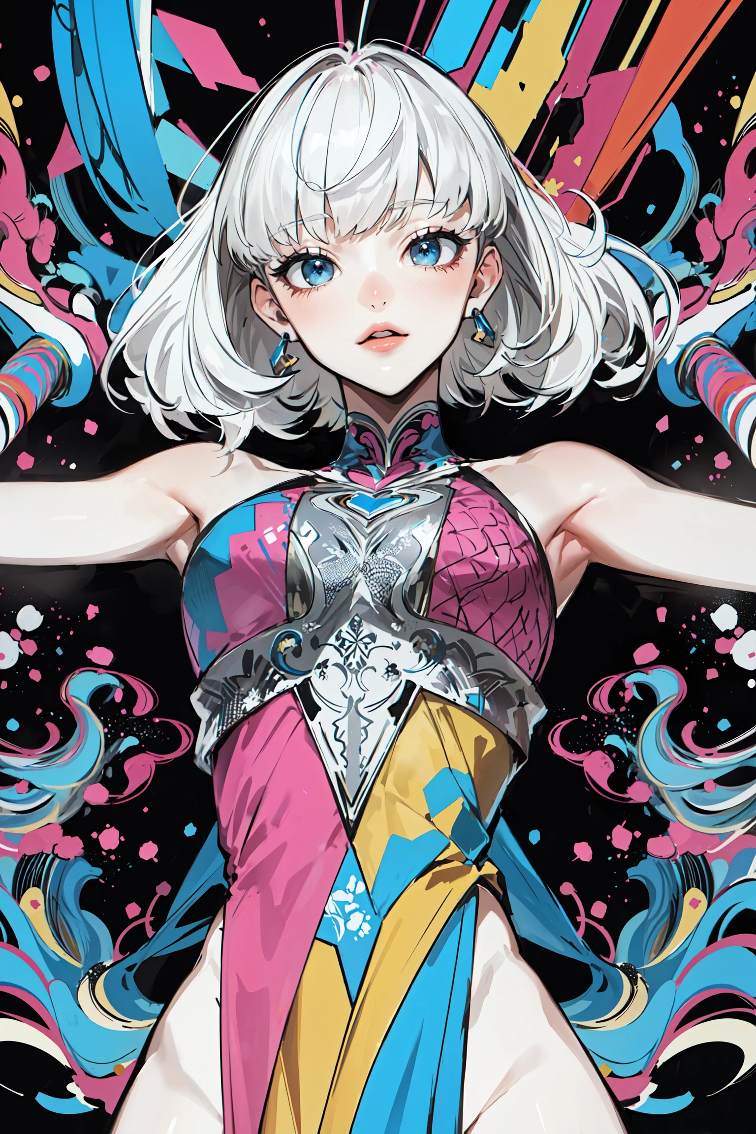 (masterpiece:1.2, best quality), (zentangle:1.2), (dynamic pose), (abstract background:1.5), (treditional dress:1.2), short platinum blonde, 1lady, wide hips, (shiny skin), many colors, upper body, (from Below), bare legs