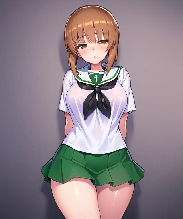 1girl, curvy, black_neckerchief, brown_eyes, brown_hair, girls_und_panzer, green_skirt, nishizumi_miho,  ooarai_school_uniform, short sleeves, short_hair, white shirt, [half-closed eyes:3], arms behind back, [shiny skin:3], bangs,
best quality
<lora:aburi3-09:0.8>