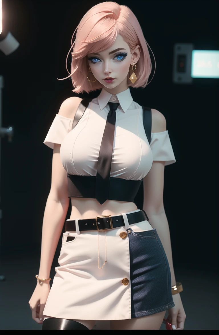 anime girl, cute, 1girl, belt, blue_eyes, blurry, blurry_background, blurry_foreground, bokeh, bracelet, breasts, depth_of_field, ear_piercing, earrings, jewelry, looking_at_viewer, medium_breasts, motion_blur, pantyhose, piercing,White shirt, Golden short_hair, short_sleeves, skirt, solo, watch, wristband, wristwatch  fantasy model, realistic, sharp details, intricate details, ultra-realistic,digitally enhanced,3d reference , 8k resolution, unapologetic grit, overexposure,sharp focus , UHD, 8K   <lora:epiNoiseoffset_v2:0.7>