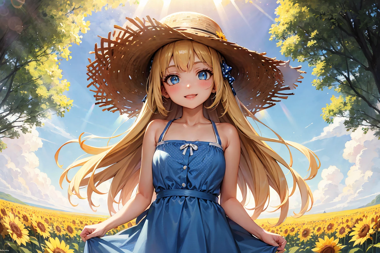 (best quality:1.1), (masterpiece:1.4), (absurdres:1.0), (hyper-detailed:0.5),
1girl,  solo, blue summer dress, (Polka Dot Pattern:1.4), straw hat, standing, (tall Sunflower field:0.85), (sunbeam:1.2), blonde hair, blue eyes, smile, looking at viewer, happy, sun, (natural lighting:1.3), (Sun Glare:1.2), (mountain:0.2),