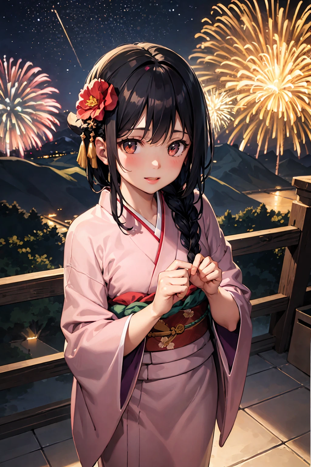 (best quality:1.2), (masterpiece:1.1), (ultra-detailed illustration:1.2), from above,
1girl, solo, standing, print kimono, black hair, braided hair, (east asian architecture:0.35), fireworks, (paper lantern:0.55), night sky, city background, mountain, night sky, happy, stars, moon, soft shadow, warm illumination, reflection, hair ornament, obi,