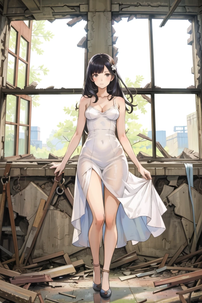 (masterpiece:1.2),best quality,illustration,beautiful detailed girl,
(looking at viewer),
(full body,standing:1.0),
medium breasts,long hair, black hair,white long sundress,
(factory ruins:1.1),day,indoors,window,
 <lora:factoryRuins_v11a:0.4>