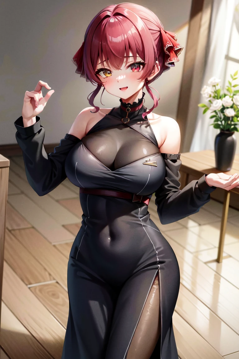 masterpiece, best quality, absurdres, perfect antomy, Houshou Marine, 1girl, solo, heterochromia, red eyes, yellow eyes, large breasts, elegant, long dress, black dress, halterneck, smile, indoors, reflective floor, ball room