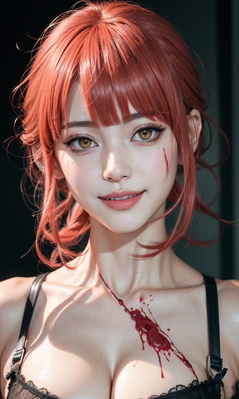 absurdres, 1girl,medium breast, star eye, blush, (realistic:1.5), (blue eyes:0.7), (short hair:1), (masterpiece, Extremely detailed CG unity 8k wallpaper, best quality, highres:1.2), (ultra_detailed, UHD:1.2), (pixiv:1.3), perfect illumination, distinct, (1girl:1.4), (bishoujo:1.2), looking at viewer, unreal engine, sidelighting, perfect face, detailed face, bangs, perfect body, beautiful eyes, pretty face, (bright skin:1.4), idol, (abs), ulzzang-6500-v1.1, (navel), ruins, dark place, night, dark aura, fire, burning, <lora:makimaChainsawMan_v10:0.4>, (blood on face:1.4), (evil smile:1.2)