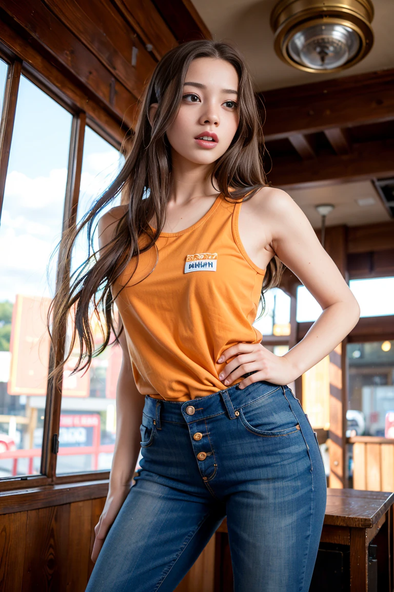 1girl, 
(finely detailed beautiful face), (finely detailed beautiful widening eyes:1.1), (gasping mouth),
(8k eyes), (8k pupils), (button nose),
hair over one eye, orange long hair,
wearing tanktop and (jeans pants) ,
standing,
fisheye, industrial landscape, starry sky,
(photorealistic:1.4), masterpiece, ultra quality, insanely detailed, (ultra high res), absurdres,