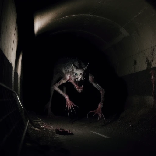 Action shot of terrifying animal entity with large teeth chasing after the viewer, dynamic running, in a decrepit underground tunnel in Hell, creepy, unnerving, unsettling, terrifying, 80mm, horror lighting, dynamic action,