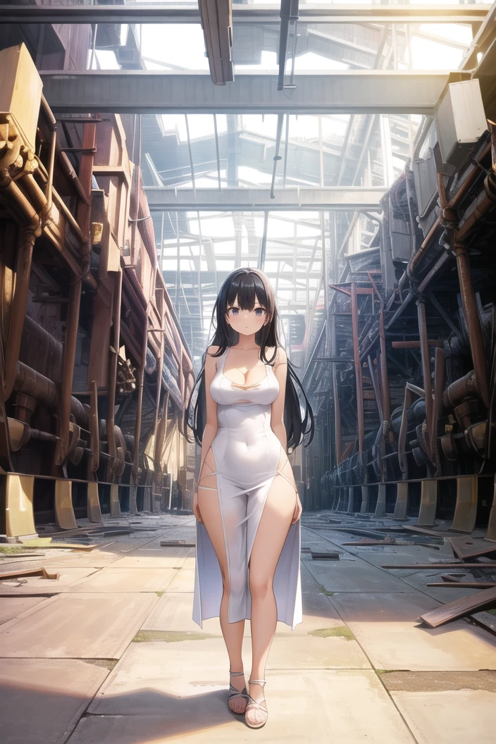 (masterpiece:1.2),best quality,illustration,beautiful detailed girl,
(looking at viewer),
(full body,standing:1.0),(very wide shot:1.3),
medium breasts,long hair, black hair,white long sundress,
(factory ruins:1.1),day,indoors,machine,
<lora:factoryRuins_v11a:0.4>