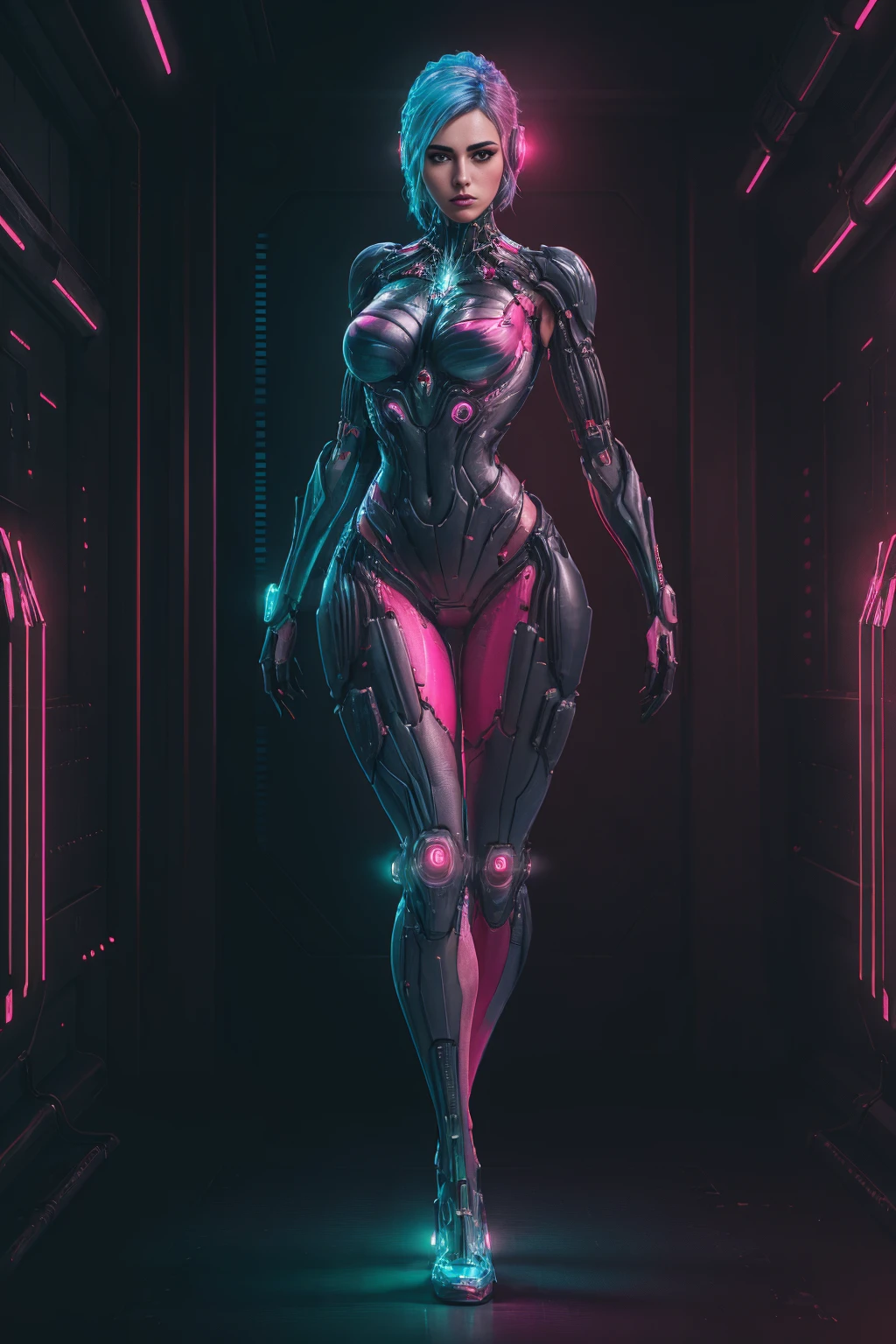 RAW, 1girl, colorful, dynamic pose, ((full body)), ((pink matte armor, cyan lights <lora:CrysisNanosuit:0.6>)), (masterpiece, best quality), (detailed skin:1.3, detailed face:1.3), dslr, realistic, (detailed cyberpunk landscape), delicate, soft colors, cinematic lighting