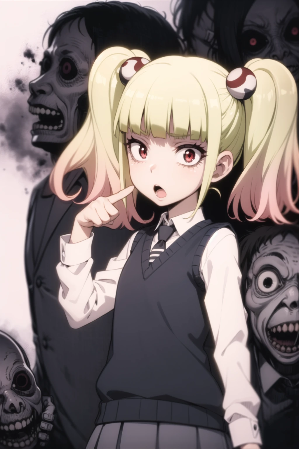 <lora:mieruko-chan_v0.3b:1>
1girl, multiple boys, niguredou julia, school uniform, classroom, disembodied limb, horror \(theme\),  scared, open mouth, :o,  ghost, dark aura, black eyes, black vest, cowboy shot,, masterpiece, best quality, highly detailed