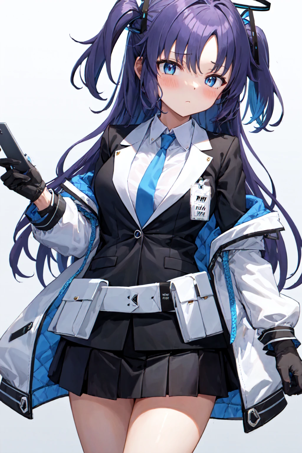 masterpiece, best quality, ultra-detailed, 1girl, belt pouch, black gloves, black jacket, black skirt, blue necktie, closed mouth, default, gloves, hair ornament, half gloves, id card, jacket, long sleeves, miniskirt, multicolored jacket, necktie, pleated skirt, pouch, shirt, skirt, solo, white background, white belt, white jacket, white shirt, yuuka  <lora:yuukaV2.3:1>